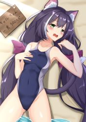 Rule 34 | 1girl, animal ear fluff, animal ears, bare arms, bare shoulders, black hair, black one-piece swimsuit, blush, bow, breasts, cat ears, cat girl, cat tail, collarbone, competition swimsuit, covered navel, fang, gluteal fold, green eyes, groin, hair between eyes, hair bow, hand up, highleg, highleg swimsuit, highres, iseshi, karyl (princess connect!), long hair, low twintails, lying, multicolored hair, on back, one-piece swimsuit, open mouth, princess connect!, purple bow, sign, small breasts, solo, streaked hair, swimsuit, tail, translation request, twintails, very long hair, wavy mouth, white hair