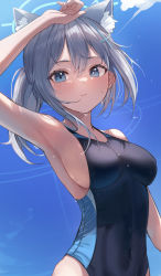 Rule 34 | 1girl, 2gong (9ujin ), absurdres, animal ear fluff, animal ears, arm on own head, arm up, armpits, bare shoulders, black one-piece swimsuit, blue archive, blue eyes, blue one-piece swimsuit, blue sky, blush, breasts, cat ears, closed mouth, cloud, competition swimsuit, covered navel, cross hair ornament, day, extra ears, grey hair, hair between eyes, hair ornament, halo, hand on own head, highleg, highleg swimsuit, highres, looking at viewer, medium breasts, medium hair, mismatched pupils, multicolored clothes, multicolored swimsuit, official alternate costume, one-piece swimsuit, outdoors, ponytail, shiroko (blue archive), shiroko (swimsuit) (blue archive), sideboob, sky, solo, swimsuit, two-tone swimsuit, unfinished, water drop, wet, wet clothes, wet swimsuit