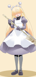 Rule 34 | 1girl, android, antennae, apron, blonde hair, broom, dress, full body, hair over eyes, highres, long hair, maid, maid apron, maid headdress, open mouth, pantyhose, ryu3224, shoes, smile, solo, tesse, waku waku 7