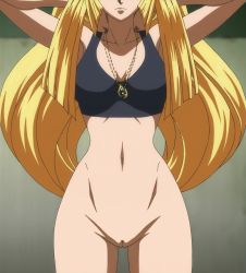 Rule 34 | arms behind head, blonde hair, bottomless, closed mouth, gundam, gundam tekketsu no orphans, highres, jewelry, kudelia aina bernstein, navel, necklace, nude filter, pussy, standing, third-party edit, uncensored