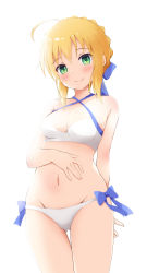 Rule 34 | 1girl, absurdres, ahoge, artoria pendragon (fate), artoria pendragon (swimsuit archer) (fate), artoria pendragon (swimsuit archer) (first ascension) (fate), bad id, bad pixiv id, bare arms, bare shoulders, bikini, blonde hair, blue ribbon, blush, breasts, cleavage, commentary request, cowboy shot, criss-cross halter, fate/grand order, fate (series), gluteal fold, green eyes, groin, hair ribbon, halterneck, highres, kimura matsuri, looking at viewer, medium breasts, navel, ribbon, short hair, side-tie bikini bottom, sidelocks, simple background, smile, solo, standing, stomach, swimsuit, thigh gap, white background, white bikini