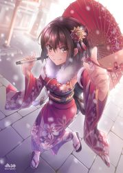 Rule 34 | 10s, 1girl, alternate costume, blush, brown eyes, brown hair, detached sleeves, full body, furisode, hair between eyes, hair ornament, highres, japanese clothes, kantai collection, kimono, looking at viewer, morigami (morigami no yashiro), obi, oil-paper umbrella, outdoors, pointing, pointing at viewer, revision, sandals, sash, sendai (kancolle), short hair, smile, snow, solo, tabi, two side up, umbrella, white legwear