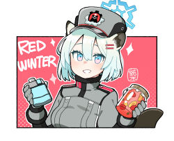 Rule 34 | 1girl, animal ears, blue archive, blue hair, bottle, commentary request, drink, english text, gloves, hair between eyes, hair ornament, hairclip, hat, junsuina fujunbutsu, portrait, shigure (blue archive), short hair, solo, tail, winter uniform