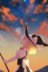 Rule 34 | 1girl, abukawa honpo, apron, back bow, black hat, black skirt, black vest, blonde hair, bow, braid, from side, hat, highres, holding, kirisame marisa, looking up, medium hair, open mouth, outdoors, puffy short sleeves, puffy sleeves, red bow, shirt, short sleeves, skirt, smile, solo, touhou, vest, waist apron, white shirt, witch hat, yellow eyes