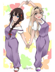 Rule 34 | 2girls, alternate costume, artist name, blonde hair, blue eyes, bow, braid, breasts, brown eyes, brown hair, dancing, dated, full body, gakky, holding hands, kantai collection, long hair, matching outfits, medium breasts, medium hair, multiple girls, one-hour drawing challenge, overalls, purple overalls, shigure (kancolle), shigure kai ni (kancolle), shirt, shoes, sneakers, t-shirt, white shirt, yuudachi (kancolle), yuudachi kai ni (kancolle)