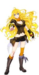 Rule 34 | 1girl, ahoge, animification, asymmetrical legwear, belt, black gloves, black shorts, blonde hair, breasts, brown jacket, buckle, cape, cleavage, clenched hand, fingerless gloves, full body, gauntlets, gloves, jacket, long hair, looking at viewer, medium breasts, midriff, navel, nishida asako, official art, orange scarf, outstretched arm, over-kneehighs, puffy short sleeves, puffy sleeves, purple eyes, rwby, scarf, shell casing, short sleeves, shorts, smile, solo, thighhighs, transparent background, uneven legwear, vambraces, very long hair, waist cape, wavy hair, weapon, yang xiao long