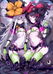 Rule 34 | 2girls, abigail williams (fate), abigail williams (third ascension) (fate), absurdres, black hair, breasts, cleavage, eyes visible through hair, fate (series), florence nightingale (fate), florence nightingale (trick or treatment) (fate), garter straps, highres, katsushika hokusai (fate), katsushika hokusai (third ascension) (fate), looking at viewer, microskirt, multiple girls, navel, official alternate costume, pale skin, panties, pantyshot, purple eyes, serious, shanyao jiang tororo, silver hair, skirt, small breasts, smile, stomach, thighhighs, underwear