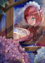 Rule 34 | 1girl, :o, apron, basket, blue flower, blush, brown dress, commentary request, dress, flower, green eyes, highres, hisui (tsukihime), holding, holding basket, juliet sleeves, long sleeves, looking at viewer, maid, maid apron, maid headdress, mint mentha, neck ribbon, pink flower, puffy sleeves, red hair, red ribbon, ribbon, short hair, signature, solo, tree, tsukihime, white apron, window
