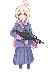 Rule 34 | 1girl, absurdres, ahoge, blue jacket, blue skirt, brown eyes, commentary, gun, hair between eyes, headset, highres, holding, holding gun, holding weapon, jacket, laser sight, light blush, long hair, long sleeves, looking at viewer, onii-chan wa oshimai!, open mouth, oyama mahiro, pink hair, riannn desu, school uniform, simple background, skirt, solo, straight-on, trigger discipline, very long hair, weapon, white background