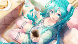 Rule 34 | 1girl, alternate costume, aqua eyes, aqua hair, bread, cup, cushion, daidou (demitasse), dutch angle, food, from above, green jacket, hair between eyes, hatsune miku, highres, holding, holding cup, indoors, jacket, long hair, nail polish, open mouth, pink thighhighs, sitting, solo, teacup, thighhighs, twintails, very long hair, vocaloid, yokozuwari
