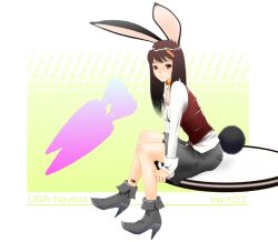 Rule 34 | animal ears, bad id, bad pixiv id, barcode, barcode tattoo, brown eyes, brown hair, food-themed hair ornament, hair ornament, long hair, nanahime, rabbit ears, rabbit tail, sitting, solo, tail, tattoo