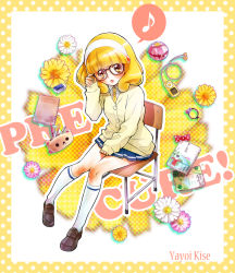 Rule 34 | 10s, 1girl, bespectacled, blonde hair, blush, cardigan, eyelashes, glasses, hairband, highres, kise yayoi, kneehighs, loafers, minimaru, musical note, precure, quaver, school uniform, shoes, sitting, skirt, smile precure!, socks, solo, speech bubble, spoken musical note, white hairband