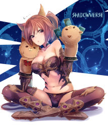 Rule 34 | 10s, 1girl, animal ears, armor, armored boots, bare shoulders, bikini armor, black panties, black thighhighs, boots, breasts, card, cerberus (shingeki no bahamut), cleavage, collarbone, copyright name, dog ears, eyebrows, full body, granblue fantasy, hair between eyes, hand puppet, highres, indian style, light particles, long hair, medium breasts, navel, panties, pecolondon, puppet, red armor, red eyes, red hair, shadowverse, shingeki no bahamut, sitting, solo, splatter, stomach, sweat, thighhighs, twintails, underwear, vambraces
