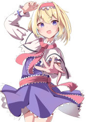 Rule 34 | 1girl, :d, absurdres, alice margatroid, blonde hair, blue dress, blue eyes, capelet, commentary, dress, frilled hairband, frills, hairband, highres, long sleeves, looking at viewer, open mouth, red hairband, saimu taju, short hair, simple background, smile, touhou, v-shaped eyebrows, white background, white capelet
