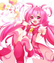 Rule 34 | &gt; &lt;, 10s, 1girl, asprach, bike shorts, boots, bow, candy (smile precure!), choker, cure happy, dress, eyelashes, closed eyes, hoshizora miyuki, knee boots, long hair, magical girl, open mouth, pink bow, pink dress, pink eyes, pink hair, pink shorts, pink skirt, pink theme, precure, shorts, shorts under skirt, sitting, skirt, smile, smile precure!, tiara, twintails, white background