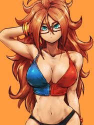 Rule 34 | 1girl, adapted costume, android 21, bikini, bikini bottom only, black-framed eyewear, black bikini, blue eyes, bracelet, breasts, brown hair, cleavage, closed mouth, collarbone, commentary request, curly hair, dragon ball, dragon ball fighterz, earrings, expressionless, glasses, hand up, head tilt, hoop earrings, jewelry, kemachiku, long hair, looking at viewer, medium breasts, meme attire, navel, orange background, solo, swimsuit, two-tone bikini