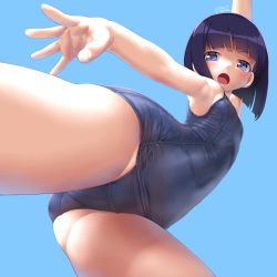 Rule 34 | 1girl, blue background, blue eyes, blue hair, blue one-piece swimsuit, bob cut, cameltoe, covered navel, dd (ijigendd), flat chest, highres, old school swimsuit, one-piece swimsuit, original, school swimsuit, school swimsuit flap, shiny clothes, simple background, solo, swimsuit, thighs