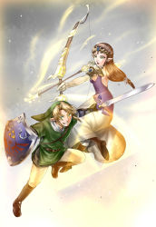 Rule 34 | 1boy, 1girl, armor, arrow (projectile), blue eyes, bow (weapon), brown hair, chainmail, earrings, gloves, grin, hat, highres, holding, holding sword, holding weapon, hylian shield, jewelry, link, long hair, nintendo, pointy ears, princess zelda, shield, smile, sword, the legend of zelda, the legend of zelda: twilight princess, tiara, wasabi (legemd), weapon