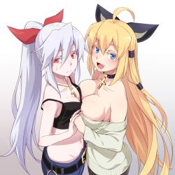 Rule 34 | 2girls, :d, ahoge, asymmetrical docking, bare shoulders, blonde hair, blue eyes, borrowed character, bow, breast conscious, breast press, breasts, camisole, choker, cleavage, cross, cross necklace, fang, glint, gradient background, hair between eyes, hair bow, hair tubes, holding hands, interlocked fingers, jewelry, large breasts, long hair, looking at viewer, midriff, multiple girls, navel, necklace, open mouth, original, ponytail, red eyes, ryuusei (ryuuseiseikou), silver hair, simple background, small breasts, smile, strap slip, sweatdrop, sweater, very long hair, yagi (ningen)