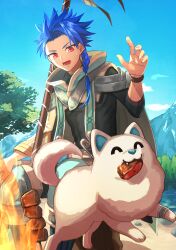 Rule 34 | 1boy, absurdres, animal, blue hair, bodysuit, bodysuit under clothes, bracelet, braid, braided ponytail, capelet, child, cu chulainn (fate), dog, earrings, fate/grand order, fate (series), funahashi (nkmmmmr), highres, holding, hood, hooded capelet, jewelry, long hair, male focus, muscular, muscular child, puffy pants, puppy, red eyes, samoyed (dog), setanta (fate), spiked hair, sweatdrop, white dog