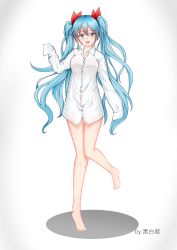 Rule 34 | 1girl, :d, absurdres, artist name, bad id, bad pixiv id, barefoot, blue eyes, blue hair, bow, collarbone, collared shirt, dress shirt, floating hair, hair between eyes, hair bow, hatsune miku, highres, kyudo (hysnxas), leg up, long hair, looking at viewer, naked shirt, open mouth, red bow, shirt, simple background, sleeves past fingers, sleeves past wrists, smile, standing, standing on one leg, very long hair, vocaloid, white background, white shirt, wing collar