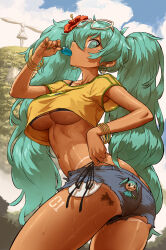 1girl alternate_breast_size aqua_eyes aqua_hair ass bikini bikini_under_clothes blue_sky bracelet brazilian_miku breasts character_tattoo cowboy_shot denim denim_shorts earrings eyewear_on_head flower food food_in_mouth from_side hair_flower hair_ornament haraya_manawari hatsune_miku highres holding holding_food holding_popsicle jewelry large_breasts long_hair navel outdoors popsicle shorts side-tie_bikini_bottom sky solo son_goku stomach swimsuit tan tanline thighs twintails underboob vocaloid