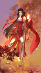 Rule 34 | 1girl, absurdres, artist request, bare legs, brown hair, china dress, chinese clothes, cleavage cutout, closed mouth, clothing cutout, detached sleeves, dress, embers, expressionless, facial mark, fire, forehead mark, full body, glowing, hair ornament, hair rings, highres, huo linger (wanmei shijie), leaf, long hair, maple leaf, red dress, sandals, second-party source, solo, wanmei shijie