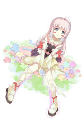 Rule 34 | 1girl, 2014, absurdres, ahoge, between legs, black dress, blue flower, boots, braid, bzerox, dated, detached sleeves, dress, flower, frills, grass, green flower, grey eyes, hand between legs, highres, hime cut, holding, holding flower, leg ribbon, long hair, looking at viewer, on grass, original, parted lips, red flower, ribbon, ribbon-trimmed sleeves, ribbon trim, side braids, sitting, solo, tearing up, white background, white hair, white sleeves
