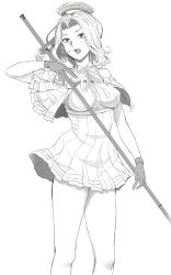 Rule 34 | 1girl, absurdres, breasts, capelet, dress, gloves, greyscale, hagioshi, halo, highres, holding, holding weapon, kantai collection, large breasts, mechanical halo, monochrome, neck ribbon, open mouth, polearm, ribbon, short hair, simple background, solo, tatsuta (kancolle), tatsuta kai ni (kancolle), thighs, weapon