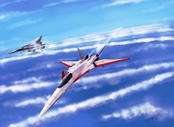 Rule 34 | ace combat, ace combat 2, aircraft, airplane, cloud, contrail, day, fighter jet, highres, jet, military, military vehicle, pilot, signature, sky, thompson (solowingfh), vehicle focus, xfa-27