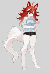 Rule 34 | 1girl, animal ears, body fur, brown eyes, digitigrade, female focus, fox ears, fox tail, frown, furry, furry female, grey background, messy hair, multicolored hair, original, owantogohan, red hair, short shorts, shorts, simple background, solo, tail