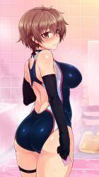Rule 34 | 1girl, ass, back cutout, bathroom, bathtub, black gloves, blush, breasts, brown eyes, brown hair, choker, clothing cutout, competition swimsuit, condom, condom wrapper, cowboy shot, elbow gloves, female focus, from behind, full-face blush, gloves, holding, holding condom, katou keiko, large breasts, looking back, null (nyanpyoun), one-piece swimsuit, short hair, solo, steam, strike witches, swimsuit, thigh strap, thighs, wet, witches of africa, world witches series