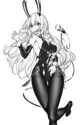 Rule 34 | 1girl, animal ears, bare shoulders, blush, boise (azur lane), boise (sheepish sapphire) (azur lane), breasts, covered mouth, detached collar, detached sleeves, feet out of frame, greyscale, hair between eyes, hand up, leotard, long hair, long sleeves, medium breasts, microphone, monochrome, necktie, original, pantyhose, rabbit ears, ririko (zhuoyandesailaer), shoes, simple background, solo, standing, standing on one leg, thigh gap, thighband pantyhose, very long hair, white background, wing collar