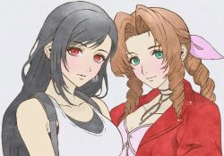 11hana06 2girls aerith_gainsborough bare_shoulders black_hair black_sports_bra braid braided_ponytail braided_sidelock breasts brown_hair closed_mouth collarbone dress earrings final_fantasy final_fantasy_vii final_fantasy_vii_rebirth final_fantasy_vii_remake green_eyes hair_ribbon highres jacket jewelry light_blush long_hair looking_at_viewer medium_breasts multiple_girls parted_bangs parted_lips pink_dress pink_ribbon red_eyes red_jacket ribbon single_earring single_sidelock sports_bra suspenders tank_top tifa_lockhart upper_body white_tank_top