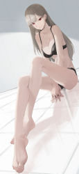 Rule 34 | 1girl, absurdres, bare arms, bare legs, bare shoulders, barefoot, between legs, black bra, black panties, bra, breasts, brown hair, cleavage, closed mouth, collarbone, commentary request, dutch angle, feet, foot focus, foreshortening, full body, hand between legs, highres, indoors, lace, lace-trimmed bra, lace-trimmed panties, lace trim, large breasts, long hair, original, own hands together, panties, parted bangs, pout, red eyes, sagging breasts, shadow, sitting, so shio, solo, sweat, thighs, tile floor, tiles, toenails, toes, underwear, v-shaped eyebrows