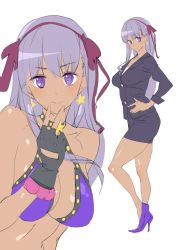 Rule 34 | 1girl, ashiomi masato, bb (fate), bb (swimsuit mooncancer) (second ascension) (fate), breasts, closed mouth, earrings, fate/grand order, fate (series), fingerless gloves, formal, gloves, high heels, jewelry, long hair, looking at viewer, purple eyes, purple hair, simple background, skirt, smile, solo, star (symbol), star earrings, suit, white background
