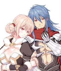 Rule 34 | 1boy, 1girl, armor, assassin cross (ragnarok online), bare pectorals, black cape, black gloves, black shirt, blonde hair, blue hair, blush, body blush, bra, bra peek, breasts, brooch, brown dress, cape, cleavage, closed mouth, commentary request, double bun, dress, eremes guile, fur-trimmed cape, fur-trimmed gloves, fur trim, gauntlets, gloves, hair between eyes, hair bun, hair ribbon, head on another&#039;s shoulder, high wizard (ragnarok online), highres, jewelry, kathryne keyron, lace, lace bra, large breasts, locked arms, long hair, long sleeves, looking to the side, masaki shino, pauldrons, pectorals, ragnarok online, red eyes, red ribbon, red scarf, ribbon, scarf, scarf pull, shirt, short hair, shoulder armor, signature, simple background, standing, underwear, upper body, white background