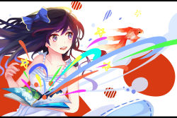 Rule 34 | .l.l, 1girl, absurdres, animal, bare arms, black hair, book, bow, dress, fish, floating hair, goldfish, hair bow, highres, letterboxed, long hair, looking away, open book, original, simple background, sleeveless, sleeveless dress, solo, star (symbol), upper body