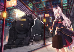 Rule 34 | 1girl, animal ears, detached sleeves, fox ears, fox tail, hair ornament, locomotive, long hair, looking at viewer, open mouth, original, red eyes, silver hair, steam locomotive, suitcase, tail, train station, wide sleeves, yoshizawa tsubaki