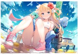 Rule 34 | 2girls, absurdres, ahoge, animal, arm support, ass, bare shoulders, bikini, bird, blonde hair, blue eyes, blue hair, blue sky, blush, boat, breasts, camera, car, cat, cloud, cloudy sky, collarbone, cup, day, disposable cup, drinking straw, emori el, emori miku, fish, flower, flying, full body, hair flower, hair ornament, hat, hibiscus, highres, holding, holding camera, jacket, knees up, liver city, long hair, long sleeves, looking at viewer, motor vehicle, multiple girls, nijihashi sora, ocean, off shoulder, open clothes, open jacket, outdoors, page number, petals, scan, seagull, shoes, simple background, sitting, sky, small breasts, smile, sneakers, suitcase, swimsuit, thighs, tongue, tongue out, water, water drop, watercraft