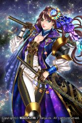 Rule 34 | 1girl, aqua eyes, armor, breasts, brown gloves, brown hair, cleavage, dual wielding, earrings, eyepatch, gloves, hair ornament, highres, holding, holding sword, holding weapon, jewelry, looking at viewer, mito amatsu, night, night sky, official art, over shoulder, parted lips, sengoku hanafuda kassen, sheath, sheathed, sky, standing, sword, weapon