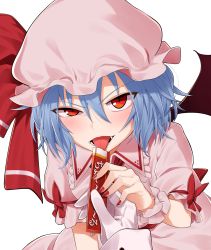 Rule 34 | 1girl, absurdres, blouse, blue hair, blush, bow, demon wings, dress, fang, greenkohgen, hair between eyes, hat, highres, mob cap, nail polish, pink dress, pink shirt, red bow, red eyes, remilia scarlet, shirt, short hair, simple background, slit pupils, solo focus, teeth, tongue, tongue out, touhou, white background, wings