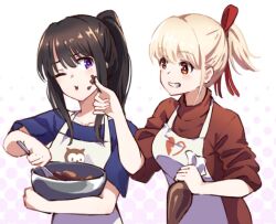 Rule 34 | 2girls, :t, alternate hairstyle, apron, black hair, blonde hair, blue shirt, blush, bowl, bright pupils, brown shirt, chocolate, chocolate on face, commentary request, cookie, double-parted bangs, food, food on face, grin, hair between eyes, hair ribbon, holding, holding bowl, hyoe (hachiechi), inoue takina, long hair, looking at another, lycoris recoil, multiple girls, nishikigi chisato, one eye closed, polka dot, polka dot background, ponytail, purple eyes, red eyes, red ribbon, ribbon, shirt, short hair, short sleeves, sidelocks, simple background, sleeves rolled up, smile, upper body, white apron, white background, white pupils
