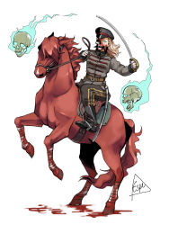 Rule 34 | 1girl, black footwear, black hat, black pants, blonde hair, blood, blood on face, blue eyes, boots, cavalry, espedraws, flaming skull, full body, gloves, hat, highres, holding, holding sword, holding weapon, horseback riding, long hair, long sleeves, looking at viewer, military, military hat, military uniform, original, pants, red horse, riding, saber (weapon), sheath, simple background, skull, solo, sword, uniform, weapon, white background, white gloves
