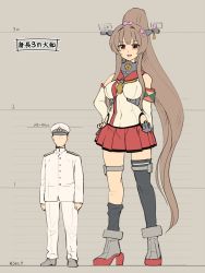 Rule 34 | admiral (kancolle), anchor, blush, breasts, brown hair, chart, detached sleeves, flower, giant, giantess, hair flower, hair ornament, hand on own hip, hands on own hips, hat, headgear, height chart, height difference, height mark, high heels, highres, hip vent, kantai collection, large breasts, long hair, military, military hat, military uniform, mugshot, naval uniform, ponytail, seo tatsuya, single thighhigh, size difference, tall, tall female, thighhighs, translation request, uniform, yamato (kancolle), z flag