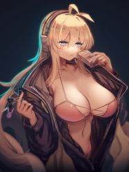 Rule 34 | 1girl, absurdres, antenna hair, at2., blonde hair, blue eyes, breasts, car keys, cleavage, closed mouth, collarbone, expressionless, headphones, highres, large breasts, long hair, looking at viewer, nail polish, navel, red nails, solo, tsurumaki maki, voiceroid
