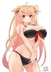Rule 34 | 1girl, ahoge, artist name, bikini, blonde hair, blush, breasts, cleavage, closed mouth, cowboy shot, dated, front-tie bikini top, front-tie top, hair between eyes, hair flaps, hair ornament, hairclip, highres, kantai collection, large breasts, light smile, long hair, looking at viewer, murasame (kancolle), navel, official alternate costume, one-hour drawing challenge, owa (ishtail), red eyes, simple background, solo, swimsuit, underboob, very long hair, white background