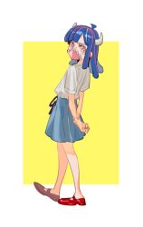 Rule 34 | 1girl, ahoge, arms behind back, blue hair, blue skirt, covered mouth, curled horns, dinosaur girl, horns, long hair, mask, mouth mask, multicolored hair, one piece, pink eyes, pink hair, pink mask, raine (acke2445), red footwear, shirt, shirt tucked in, skirt, solo, streaked hair, ulti (one piece), white shirt