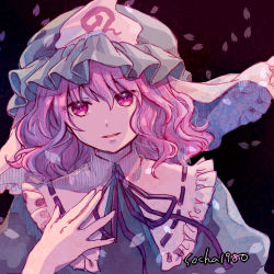 Rule 34 | 1girl, artist name, black background, cherry blossoms, ghost, hand on own chest, hat, letter, medium hair, open mouth, petals, pink eyes, pink hair, ribbon, saigyouji yuyuko, smile, socha, touhou, veil