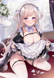 Rule 34 | 1girl, apron, black dress, blue eyes, breasts, clothes lift, dress, dress lift, frilled apron, frills, highres, juliet sleeves, lifted by self, long sleeves, maid, maid apron, maid headdress, original, panties, puffy sleeves, short dress, side-tie panties, silver hair, small breasts, solo, string panties, thighhighs, torn clothes, two side up, underwear, white apron, white panties, white thighhighs, yukimiya yuge